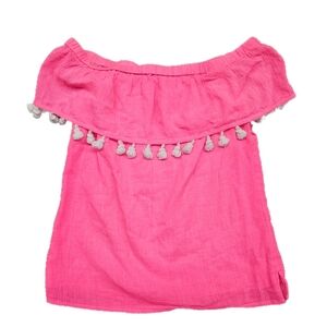 Sail to Sable Hot Pink Off-The-Shoulder Crinkle Pom Pom Top Size XS Boho Blouse